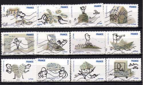 FRANCE 2010 "HUMOUR" BOOKLET STAMPS SET OF 12 VERY FINE USED. SG 4857-68. CAT 16,80 POUNDS.