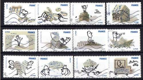 FRANCE 2010 "HUMOUR" BOOKLET STAMPS SET OF 12 VERY FINE USED. SG 4857-68. CAT 16,80 POUNDS.