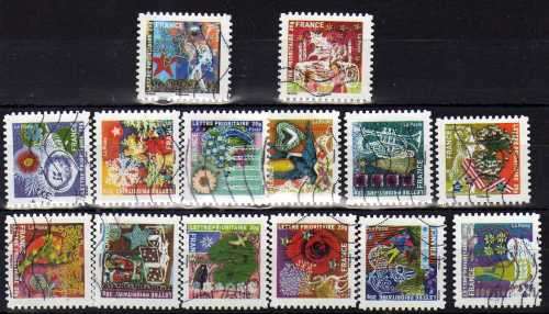 FRANCE 2010 "GREETINGS BOOKLET STAMPS" SET OF 14 VERY FINE USED. SG 4877-90. CAT 22,40 POUNDS.