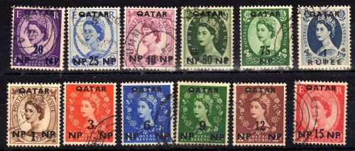 QATAR 1957-59 QEII DEFIN O/P SET OF 12 V.F. USED. SG 1-12. CAT 18 POUNDS. (2018)