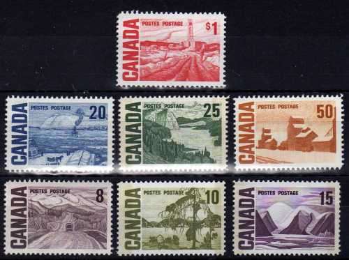 CANADA 1967 DEFINITIVE HIGH VALUES 8c-$1 LMM. SG 584-590. CAT 6,80 POUNDS.
