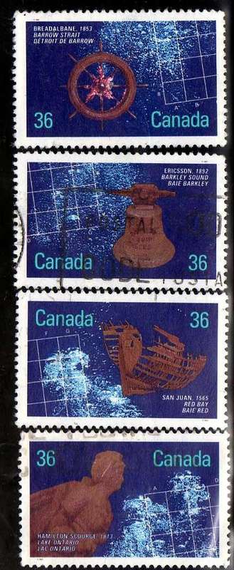 CANADA 1987 "HISTORIC SHIPWRECKS" SET OF 4 VFU. SG 1247-50. CAT 8 POUNDS.