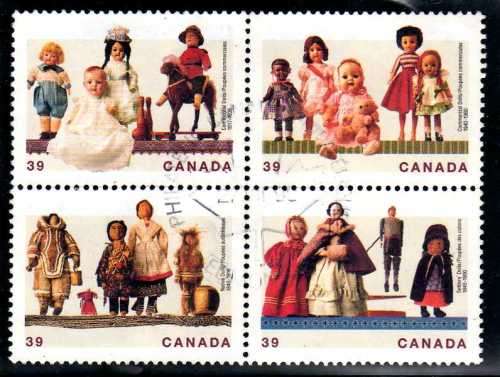 CANADA 1990 "DOLLS" SET/BLOCK OF 4 STAMPS VFU. SG 1385-88. CAT 6 POUNDS.
