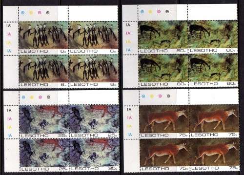 LESOTHO 1983 "ROCK PAINTINGS" SET OF 4 IN PLATE NUMBER BLOCKS OF 4 UMM. SG 540-3. CAT 6 POUNDS.