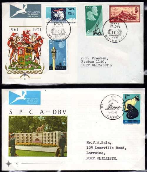 SOUTH WEST AFRICA 1970-75. 11 FDC's NO 1-10 AND 1973 DEFIN SET ON FDC. ALL VERY CLEAN. CAT R830.