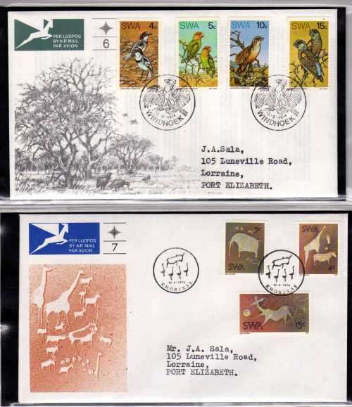 SOUTH WEST AFRICA 1970-75. 11 FDC's NO 1-10 AND 1973 DEFIN SET ON FDC. ALL VERY CLEAN. CAT R830.