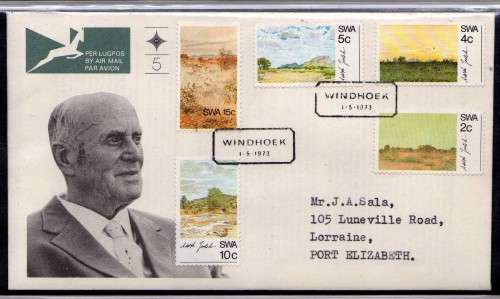 SOUTH WEST AFRICA 1970-75. 11 FDC's NO 1-10 AND 1973 DEFIN SET ON FDC. ALL VERY CLEAN. CAT R830.