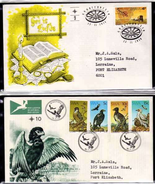 SOUTH WEST AFRICA 1970-75. 11 FDC's NO 1-10 AND 1973 DEFIN SET ON FDC. ALL VERY CLEAN. CAT R830.