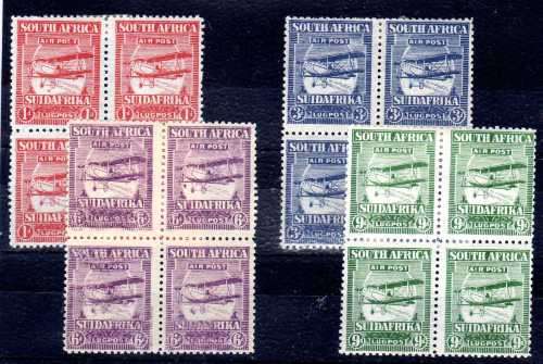 SOUTH AFRICA 1925 AIRMAIL FORGERY SET OF 4 IN BLOCKS OF 4 MM & UMM. SACC 25F-28F Cat R6400 as normal