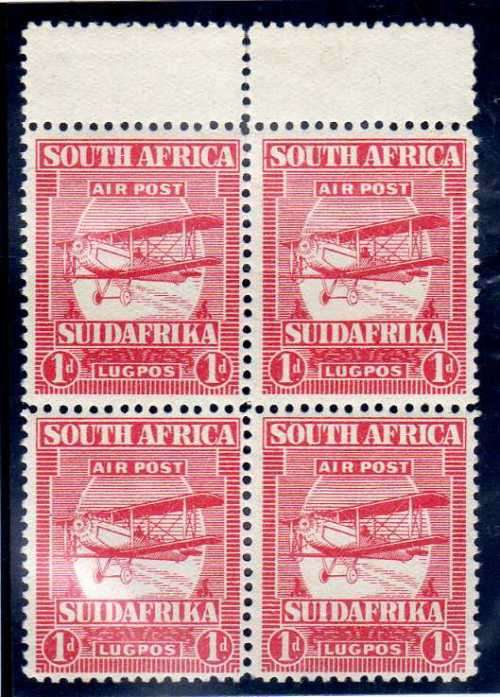 SOUTH AFRICA 1925 AIRMAIL 1d BLOCK OF 4 UMM BUT 1 STAMP TORN AND TOP PERFS SPLIT. SACC 25. CAT R360.