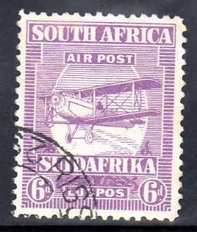 SOUTH AFRICA 1925 AIRMAIL 6d VERY FINE USED. SACC 27. CAT R190.