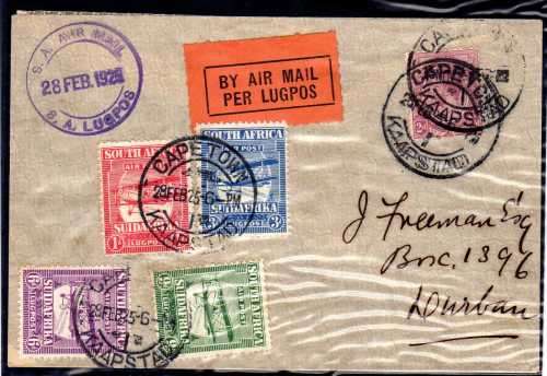 SOUTH AFRICA 1925 1ST AIRMAIL SET ON SCARCE FIRST FLIGHTCOVER "28 FEB 1925". SG 26-29. CAT R2550 ++.