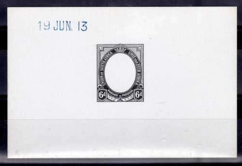 SOUTH AFRICA 1912 DIE PROOF 6d FRAME ONLY IN BLACK ON WHITE RECORD CARD. CAT R35000 ++