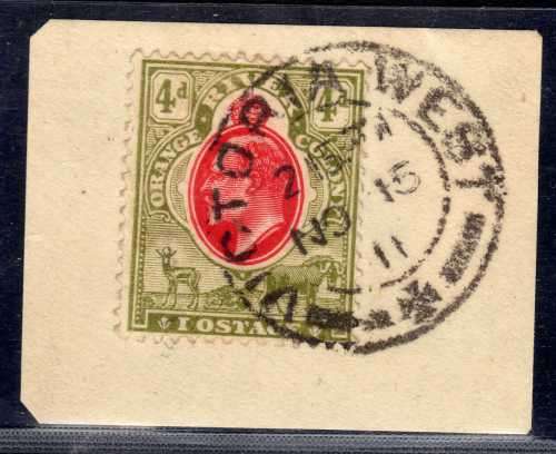 ORANGE RIVER COLONY 1910/13 INTERPROVINCIAL 4d WITH "IOSTAGE" FOR "POSTAGE" VARIETY VFU ON PIECE.