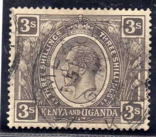 KENYA UGANDA 1922-27 3/- BROWNISH GREY VFU. SG 90. CAT 6,50 POUNDS. (SG 2016)