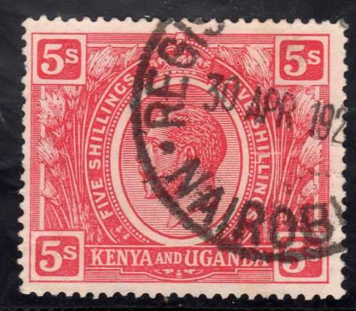 KENYA UGANDA 1922-27 5/- CARMINE RED VFU. SG 92. CAT 22 POUNDS. (SG 2016)