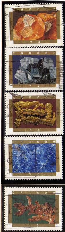 CANADA 1992 "CANADIAN MINERALS" SET OF 5 VERY FINE USED. SG 1509-13. CAT 10 POUNDS.
