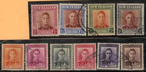 NEW ZEALAND 1947-52 DEFIN SET OF 10 VFU. SG 680-689. CAT 11 POUNDS.