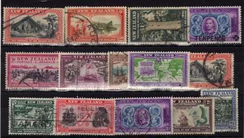 NEW ZEALAND 1940 CENTENNIAL SET OF 13 + 10d O/P STAMP FINE - VFU. SG 613-625 + 662. CAT 20 POUNDS.
