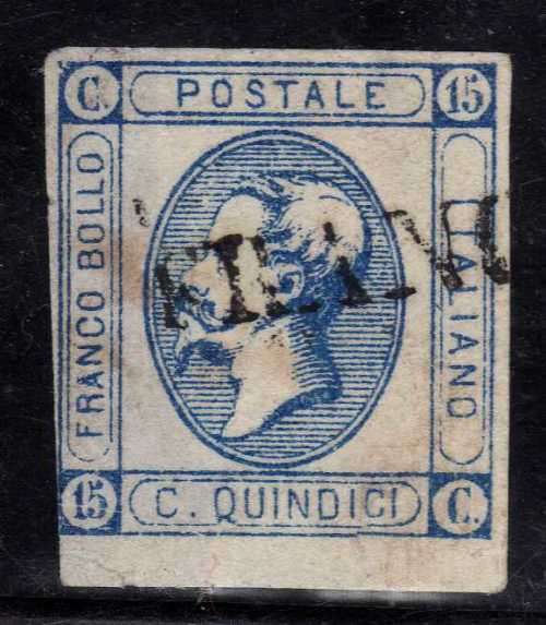 ITALY 1863 15c BLUE 4 MARGIN IMPERF VFU. SG 7. CAT 15 POUNDS.