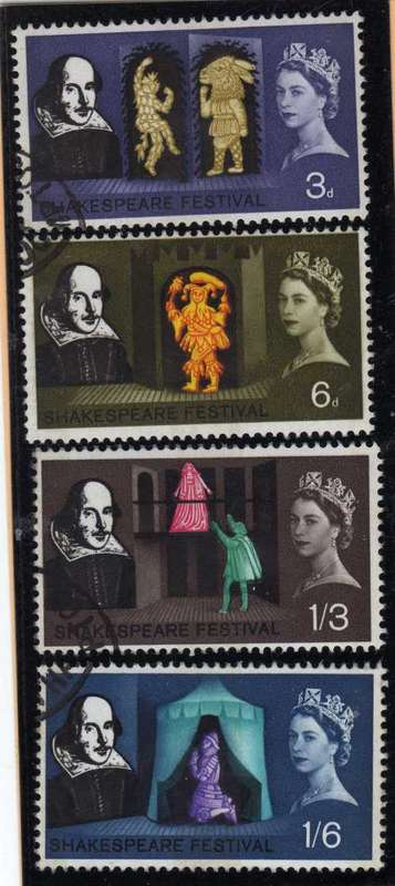 GREAT BRITAIN 1964 "SHAKESPEARE FEST" PHOSPHOR BAND SET OF 4 VFU. SG 664p-649p. CAT 14 POUNDS.