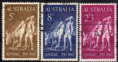 AUSTRALIA 1965 "50TH ANNIVERSARY GALLIPOLI LANDING" SET OF 3 VFU. SG 373-5. CAT 5,10 POUNDS.