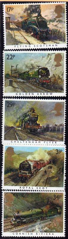 GREAT BRITAIN 1985 "FAMOUS TRAINS" SET OF 5 UMM. SG 1272-76. CAT 1,70 POUNDS.