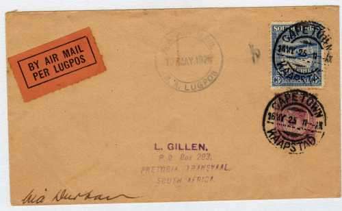 SOUTH AFRICA 1925 AIR MAIL COVER FROM CAPE TOWN TO PRETORIA VIA DURBAN.