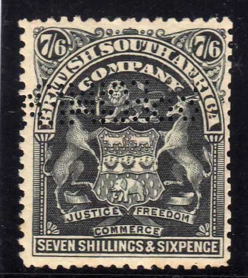 RHODESIA BSA COMPANY 1898-1908 7/6d FINE MINT PERFORATED "SPECIMEN". SACC 82s.  (SACC 2017/18)