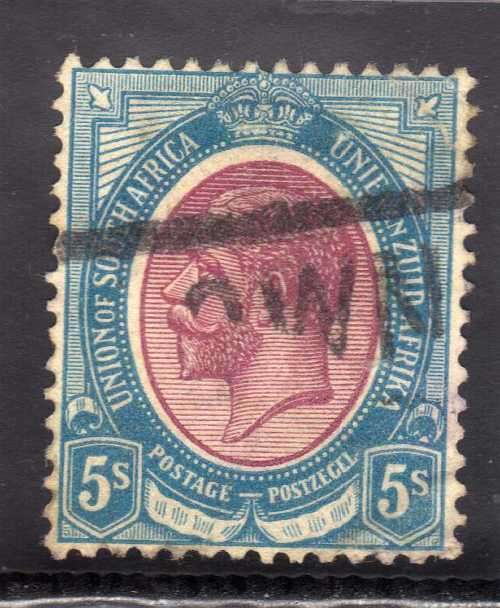 SOUTH AFRICA 1913 DEFIN KGV 5/- WITH PARTLY SHIFTED MEDALLION VARIETY.