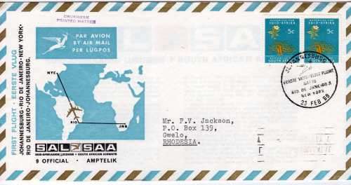 SOUTH AFRICA 1969 1ST FLIGHT JOHANNESBURG - NEW YORK OFFICIAL  COVER 9 VFU. CAT R160. (SACC 2017/18)