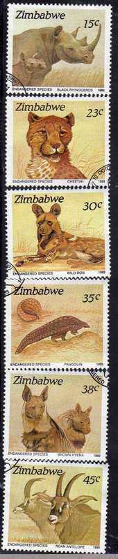 ZIMBABWE 1989 "ENDANGERED SPECIES" SET OF 6 VFU. SG 762-67. CAT 6,50 POUNDS.