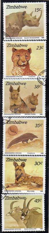ZIMBABWE 1989 "ENDANGERED SPECIES" SET OF 6 VFU. SG 762-67. CAT 6,50 POUNDS.