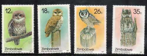 ZIMBABWE 1987 "OWLS" (1ST SERIES) SET OF 4 FVU. SG 710-713. CAT 3,75 POUNDS.
