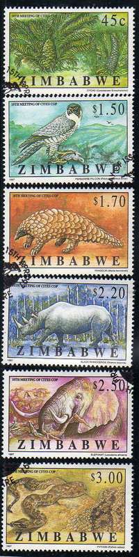 ZIMBABWE 1997 "10TH MEETING ON TRADE IN ENDANGERED SPECIES" SET OF 6 FVU. SG 942-947. CAT 6 POUNDS.