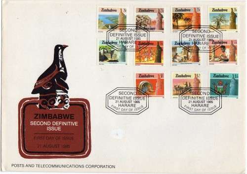 ZIMBABWE 1985 2ND DEFINITIVE SET OF 22 ON 2 FDC'S VFU. SG 659-680. CAT 15 POUNDS.
