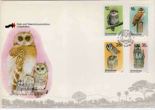 ZIMBABWE 1987 "OWLS" (1ST SERIES) SET OF 4 ON FDC. SG 710-713. CAT STAMPS 3,75 POUNDS.