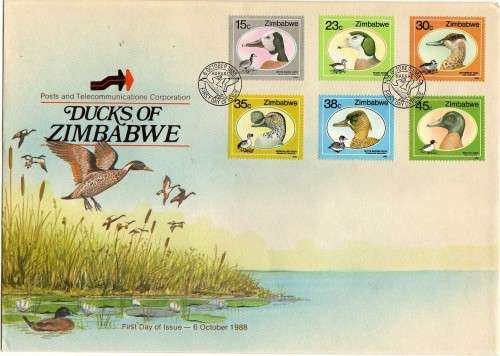 ZIMBABWE 1988 "DUCKS" SET OF 6 ON FDC. SG 740-745. CAT STAMPS 6 POUNDS.
