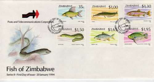 ZIMBABWE 1989 & 1994 "ZIMBABWE FISH" 2 SETS ON 2 FDC's. SG 756-61, 864-69. CAT STAMPS 6,50 POUNDS.