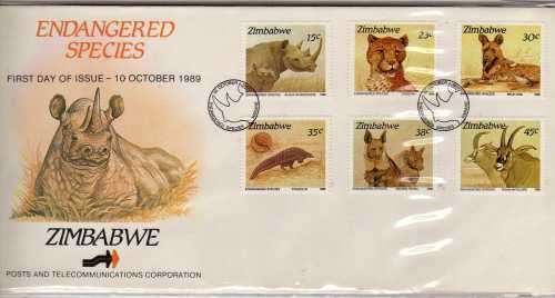 ZIMBABWE 1989 "ENDANGERED SPECIES"  SET OF 6 ON FDC. SG 762-67. CAT STAMPS 6,50 POUNDS.