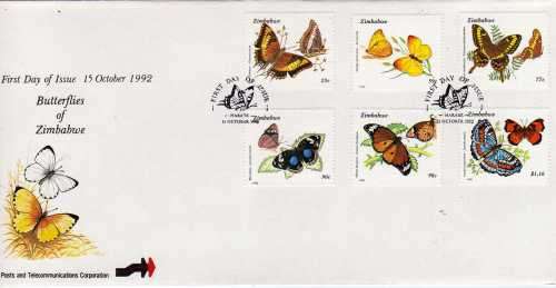 ZIMBABWE 1992 "BUTTERFLIES" SET OF 6 ON FDC VFU. CAT STAMPS 7,25 POUNDS.