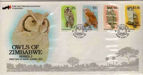 ZIMBABWE 1993 "OWL OF ZIMBABWE" SET OF 4 ON FDC VFU. SG 850-853. CAT STAMPS 11,50 POUNDS.