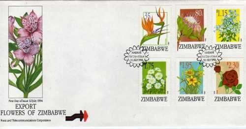 ZIMBABWE 1994 "EXPORT FLOWERS" SET OF 6 ON FDC. SG 876-881. CAT STAMPS 6,50 POUNDS.