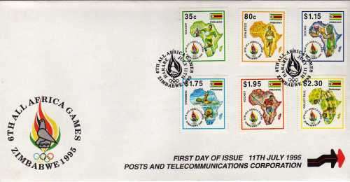 ZIMBABWE 1995 "ALL AFRICA GAMES" SET OF 6 ON FDC. CAT STAMPS 7,25 POUNDS.