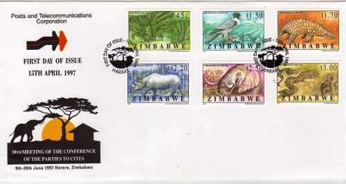 ZIMBABWE 1997 "TRADE IN ENDANGERED SPECIES" SET OF 6 ON FDC. SG 942-947. CAT STAMPS 6 POUNDS.