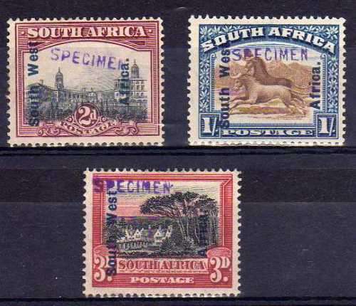 SOUTH WEST AFRICA 1926/7 PICTORIALS 2d, 3d and 1/- SINGLES HANDSTAMPED SPECIMEN.
