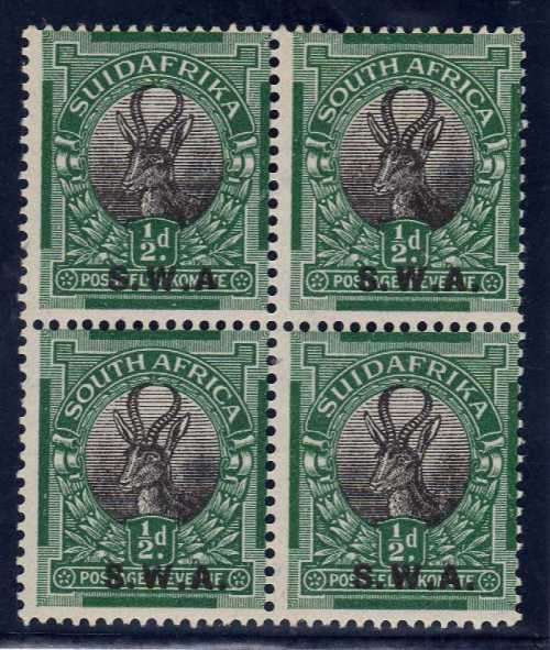 SOUTH WEST AFRICA 1927/30 1/2d BLOCK OF 4 UMM/LMM WITH VARIETY NO STOP AFTER "A". SACC 81a. CAT R850
