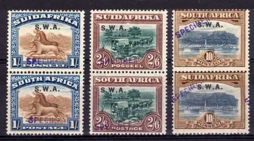 SOUTH WEST AFRICA 1927/30 PICTORIALS 1/-, 2/6 & 10/- VERTICAL PAIRS HANDSTAMPED "SPECIMEN" IN VIOLET
