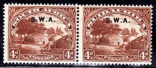 SOUTH WEST AFRICA 1927/30 4d BROWN PERF 14 FINE MOUNTED MINT PAIR. SACC 85. CAT R350.