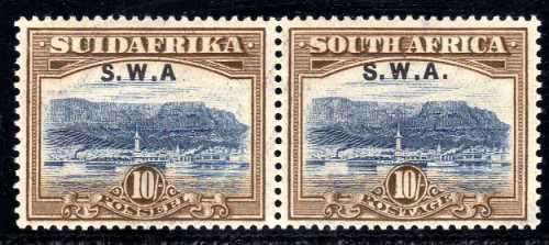 SOUTH WEST AFRICA 1927/30 10/- SUPERB LMM PAIR WITHOUT STOP AFTER "A" VARIETY. SACC 90a. CAT R9000.